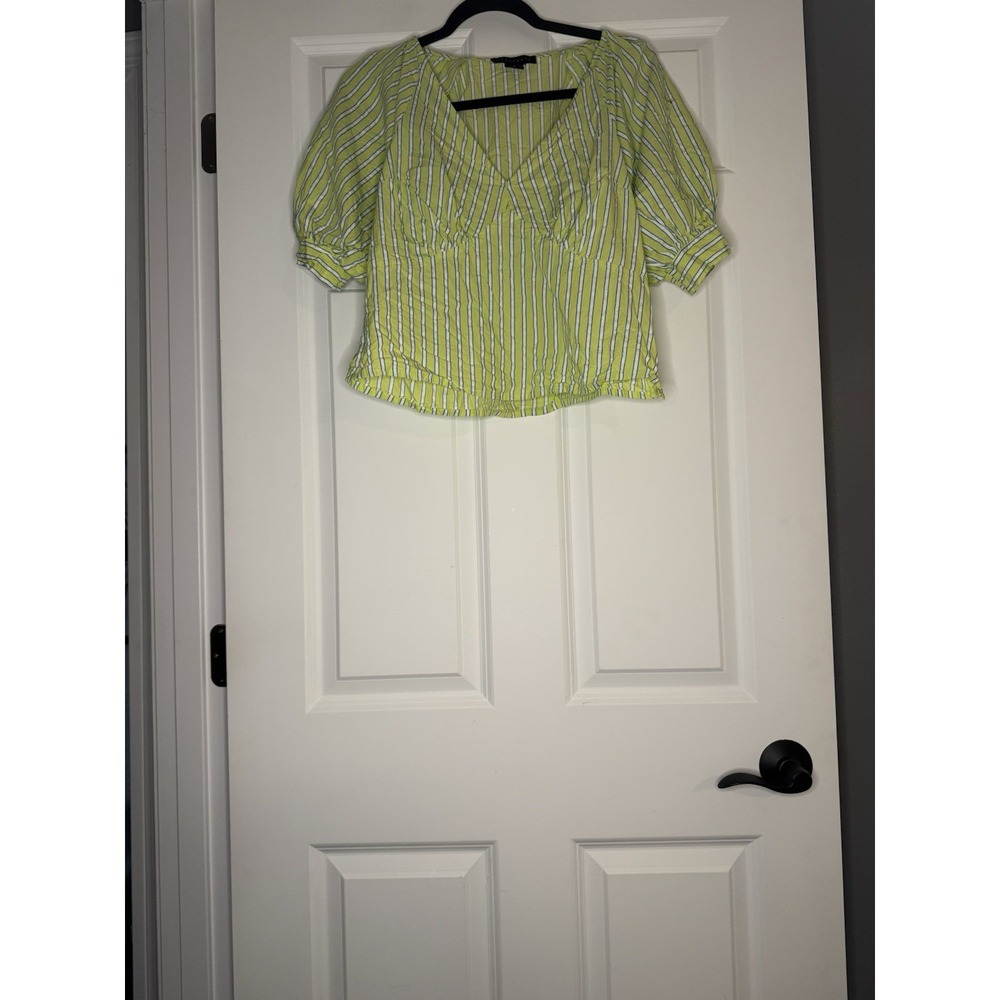 Sanctuary Poplin Striped V Neck Top Small Green Blue White